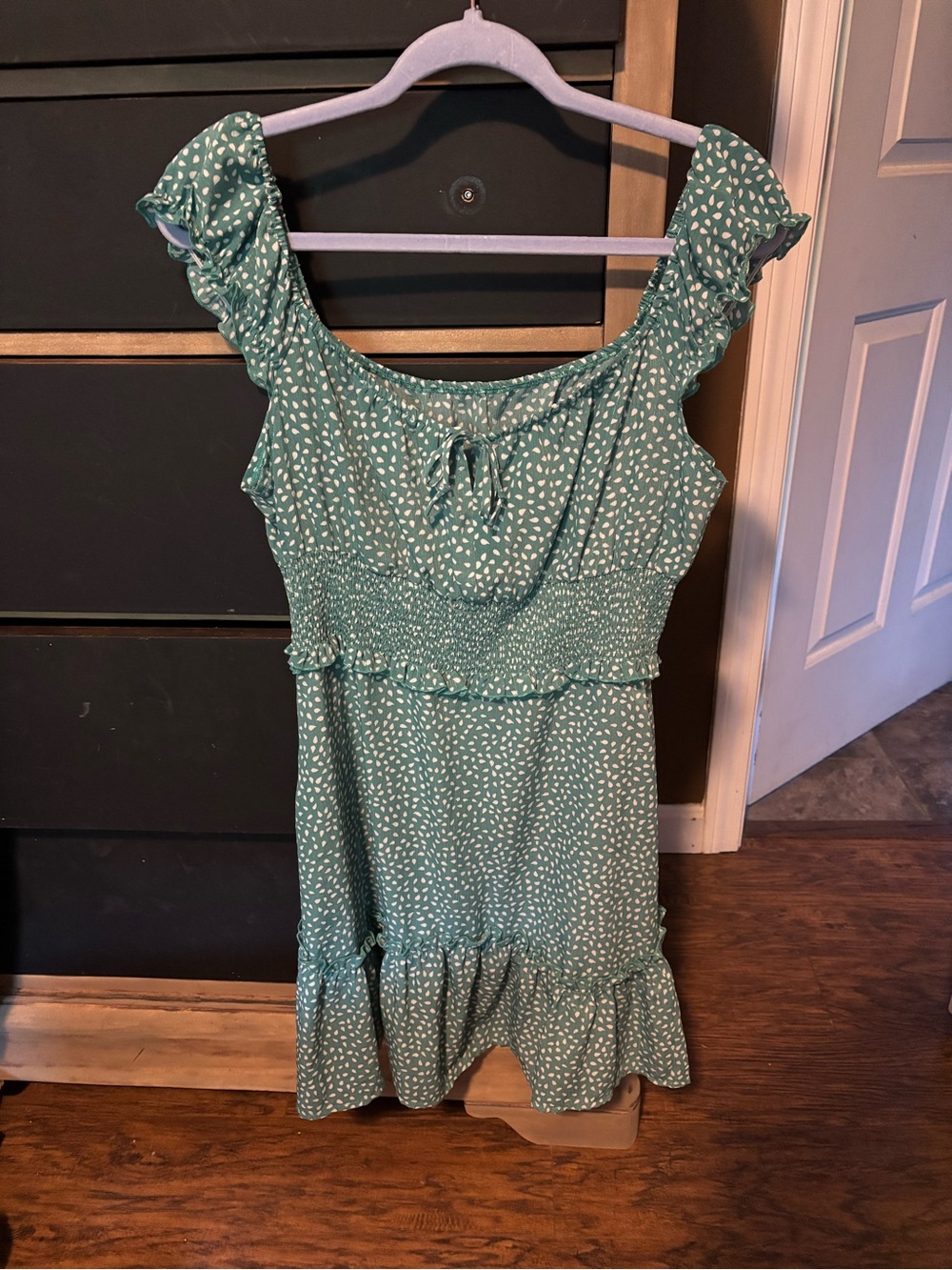 Green Ruffle Sleeve Summer Dress with White Dot Print